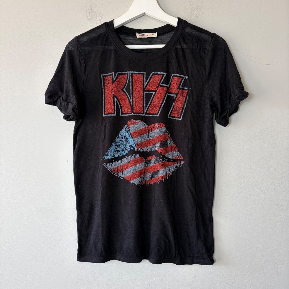 Hollister KISS Band Graphic T-Shirt Women's Med Black American Flag Burnout Tee